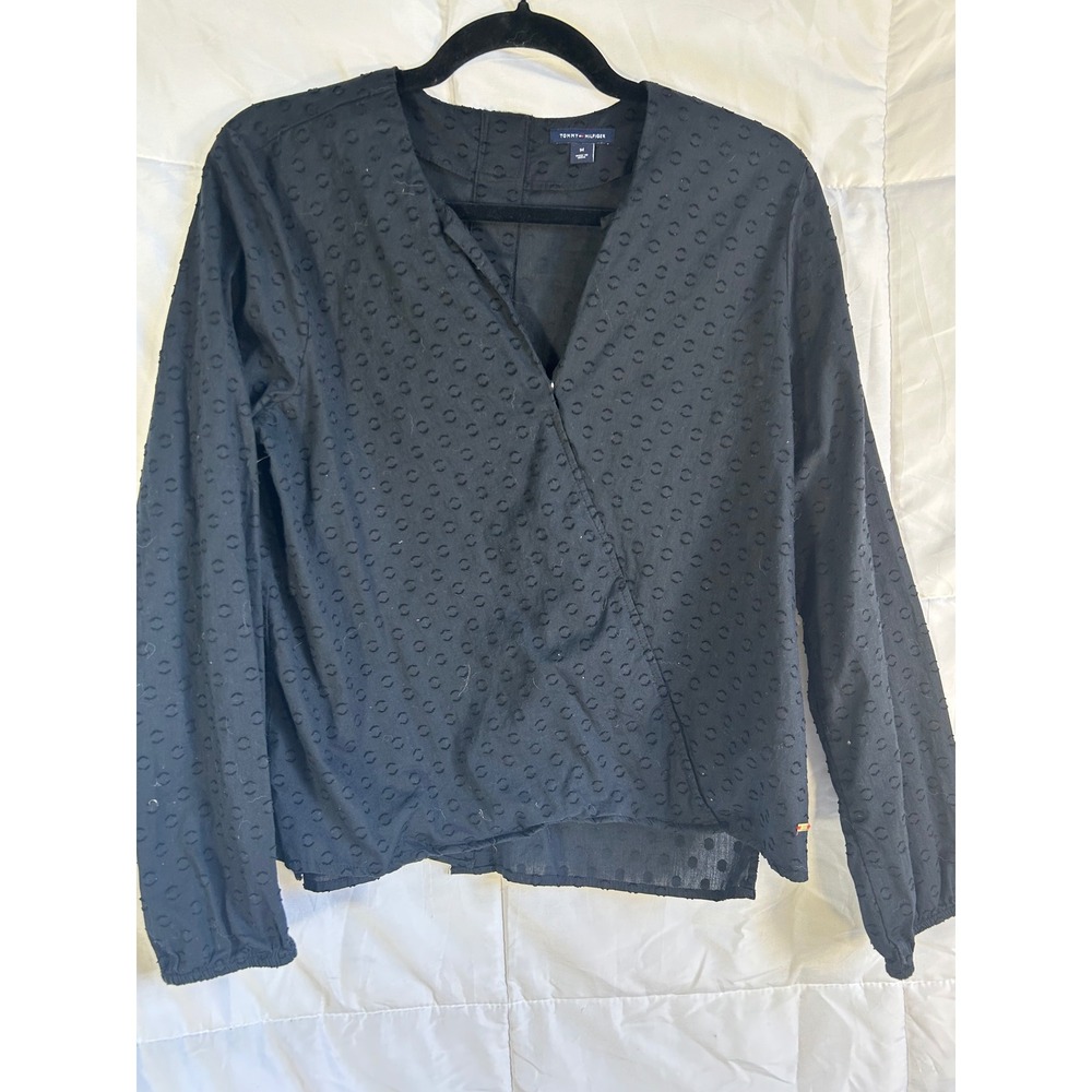 Tommy Hilfiger‎ Black Ditsy Floral Jacquard Wrap Blouse Long Sleeve Size Medium
